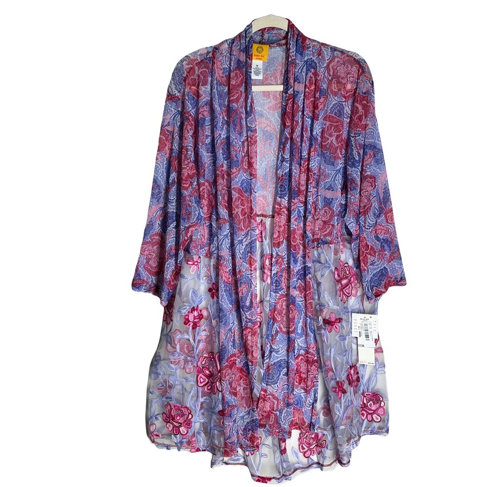 NWT Ruby Rd. Floral Embroidered Mesh Purple Open Front Cardigan Size PXL